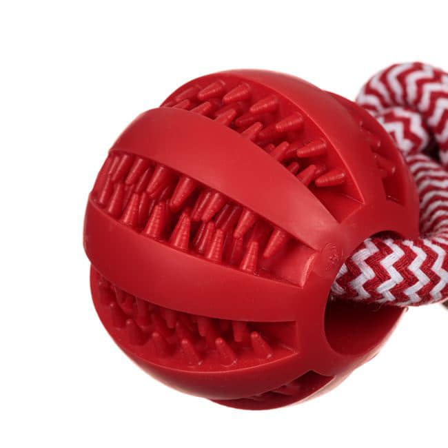 Играчка за куче Въжена с топка за поставяне на лакомства, червена - 31 см